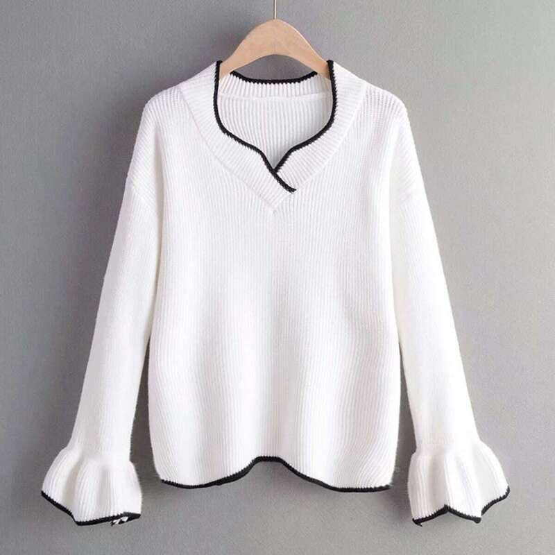 

Flounce Sleeve Contrast Binding Sweater, White
