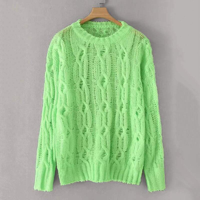 

Neon Green Pointelle Knit Cable Pattern Sweater