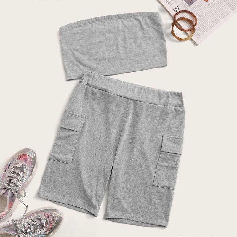 

Solid Tube Top & Pocket Side Cycling Shorts, Grey