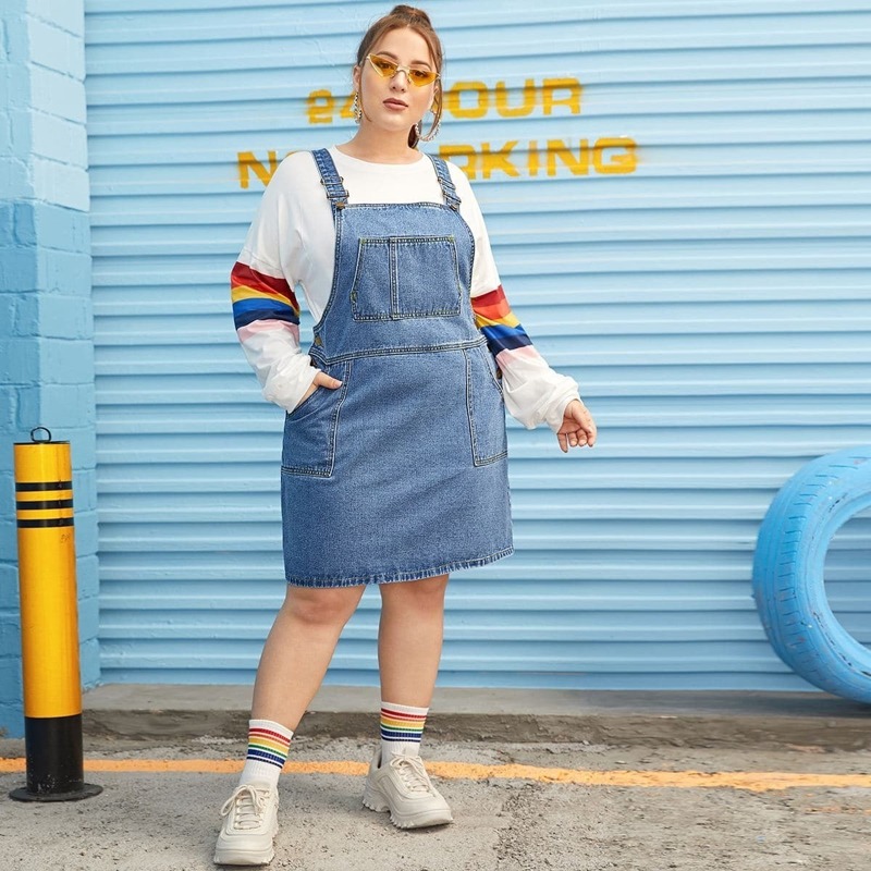 

Plus Dual Pocket Overall Denim Dress, Blue