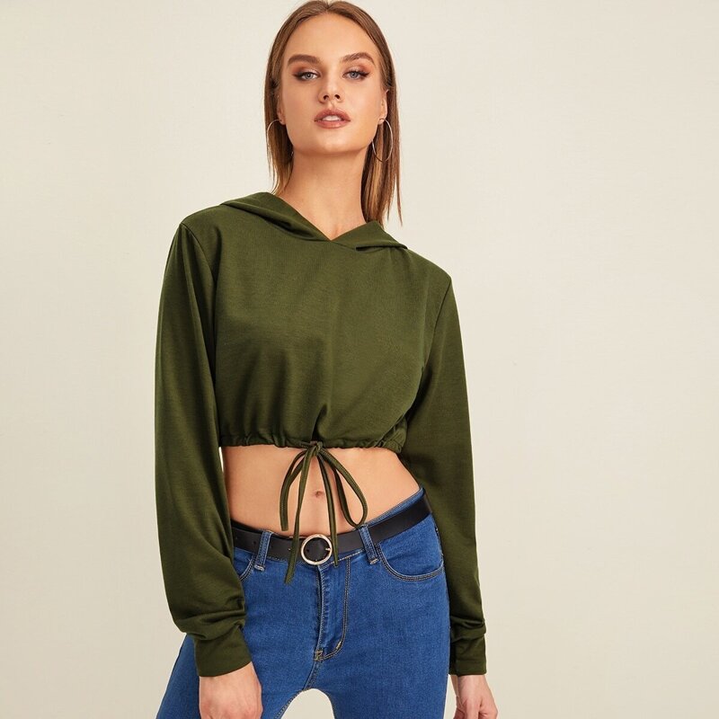 

Drawstring Hem Crop Hoodie, Army green