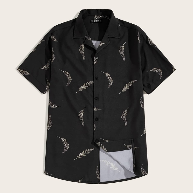 

Guys Leaf Print Revere Collar Shirt, Black