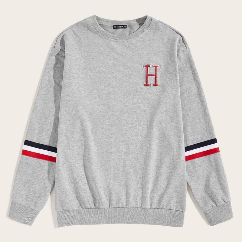 

Guys Embroidered Letter Striped Tape Sleeve Pullover, Grey