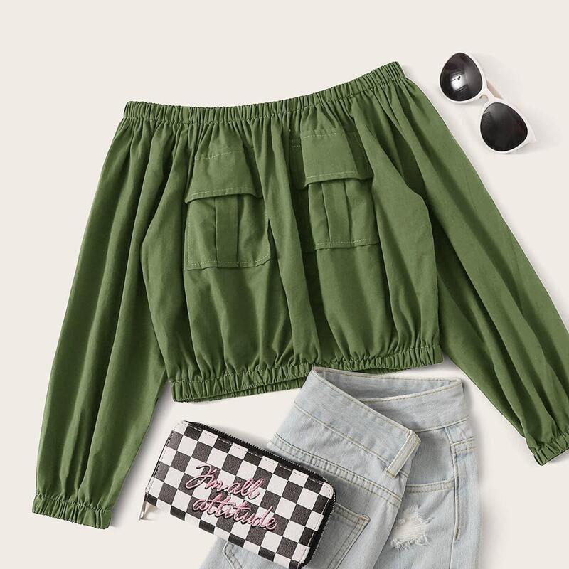 

Off The Shoulder Pocket Detail Crop Blouse, Army green