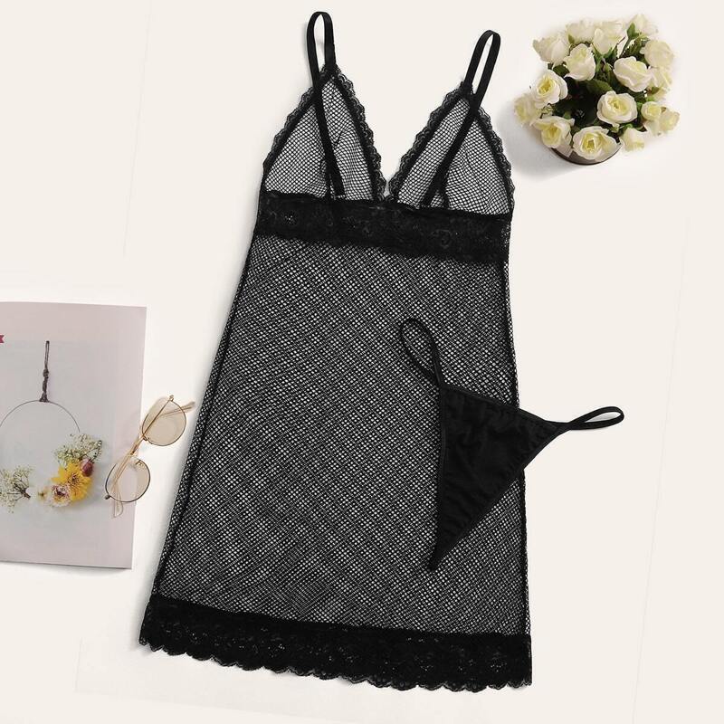 

Scalloped Lace Trim Slips With Thong, Black