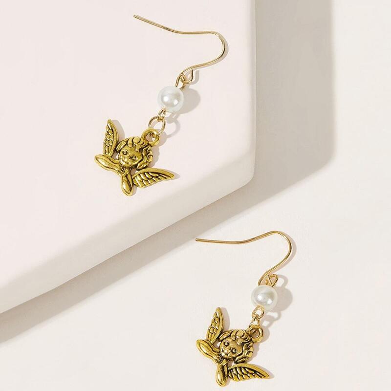 

Angel & Faux Pearl Dangle Earrings, Gold