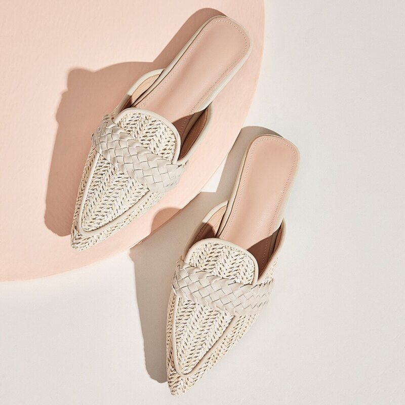 

Point Toe Woven Flat Mules, Beige
