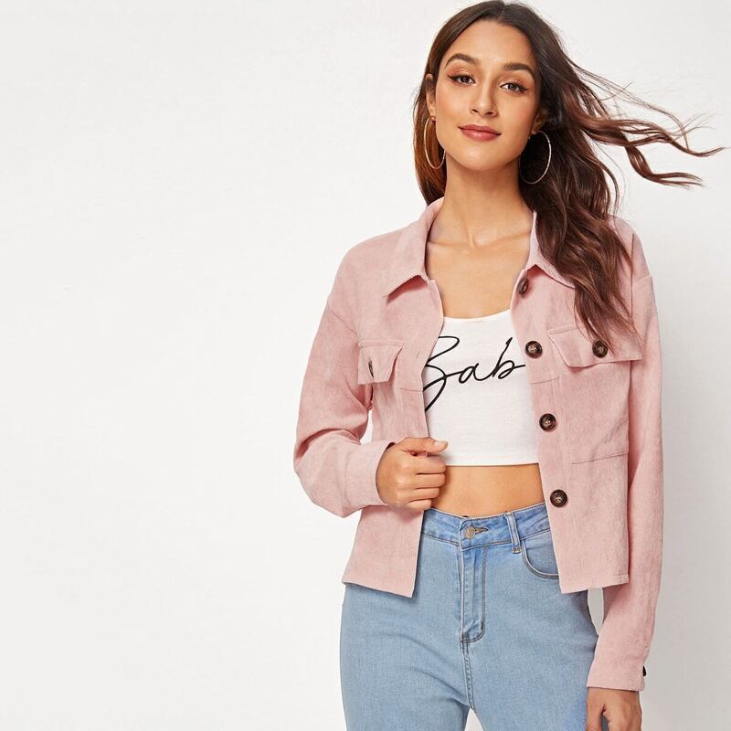 

Button Front Flap Pocket Corduroy Jacket, Pink pastel