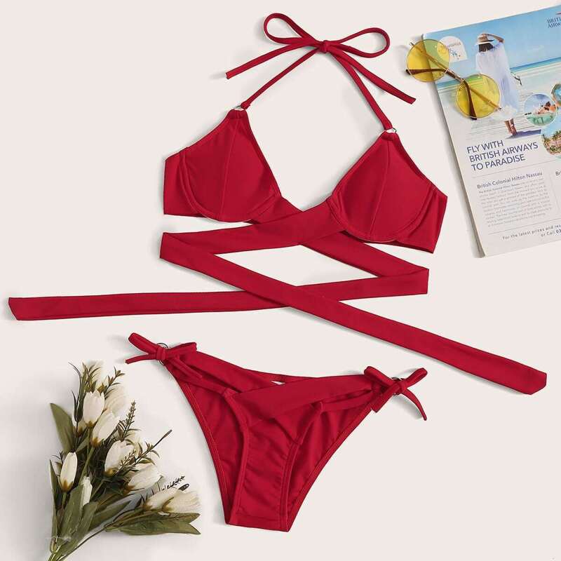 

Wrap Underwire Halter Top With Tie Side Bikini, Red