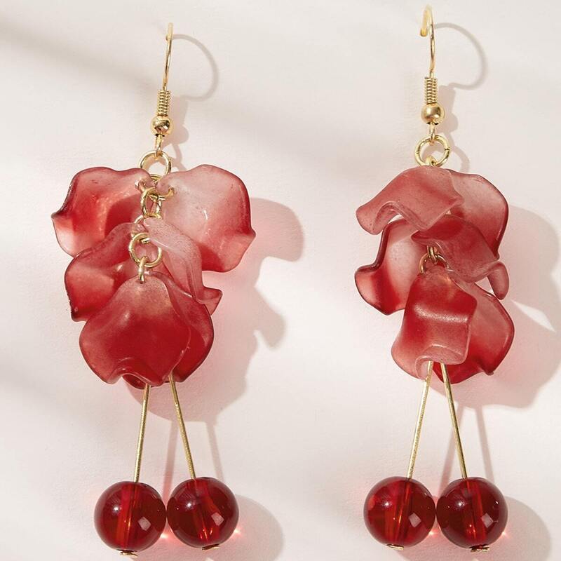 

Flower & Bead Decor Drop Earrings 1pair, Red