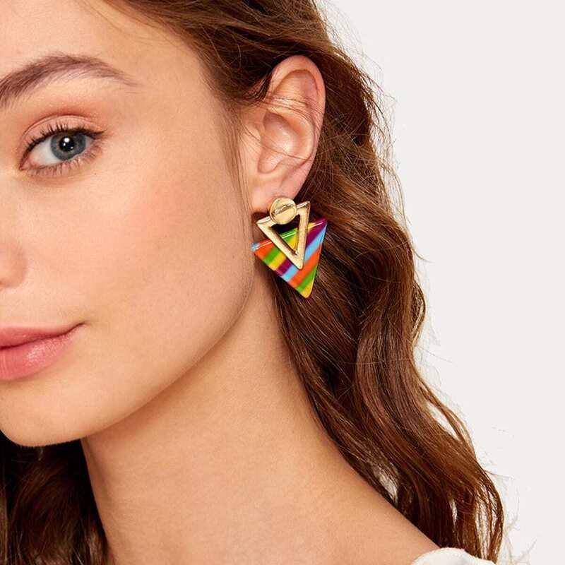 

Double Triangle Design Colorful Striped Stud Earrings 1pair, Multicolor