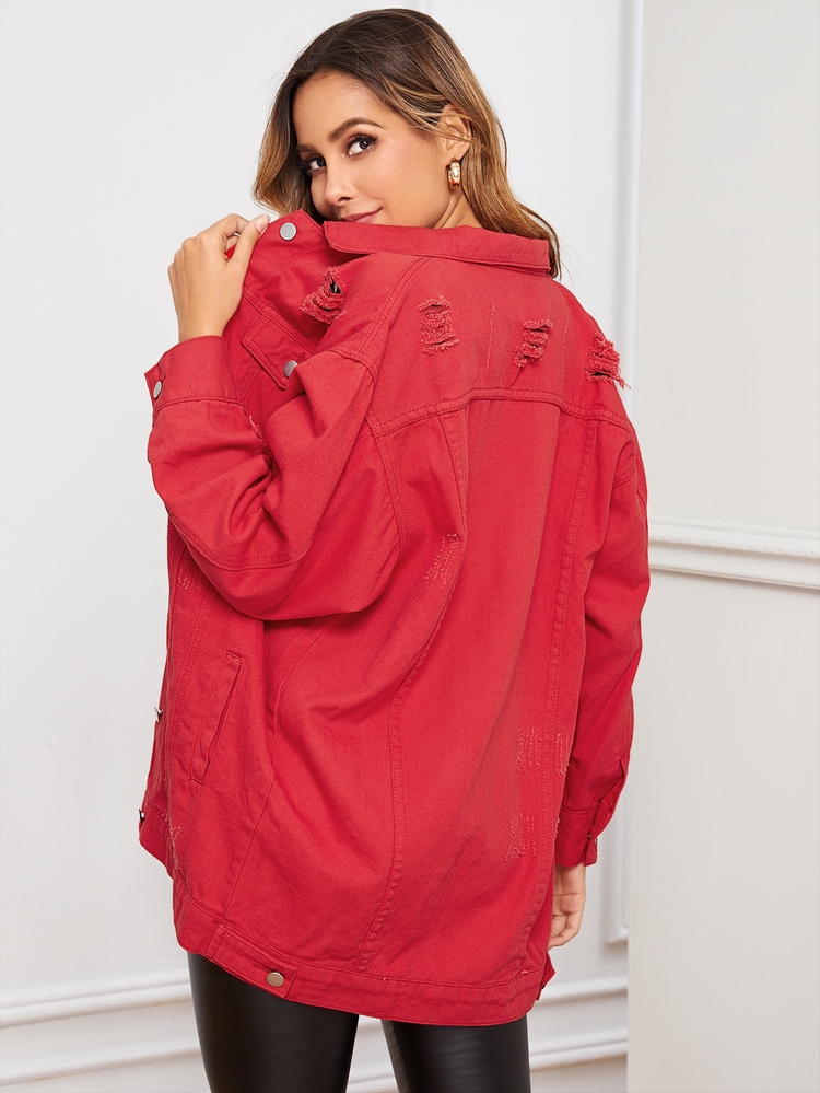 Red Wash Ripped Denim Coat - Red - View 3