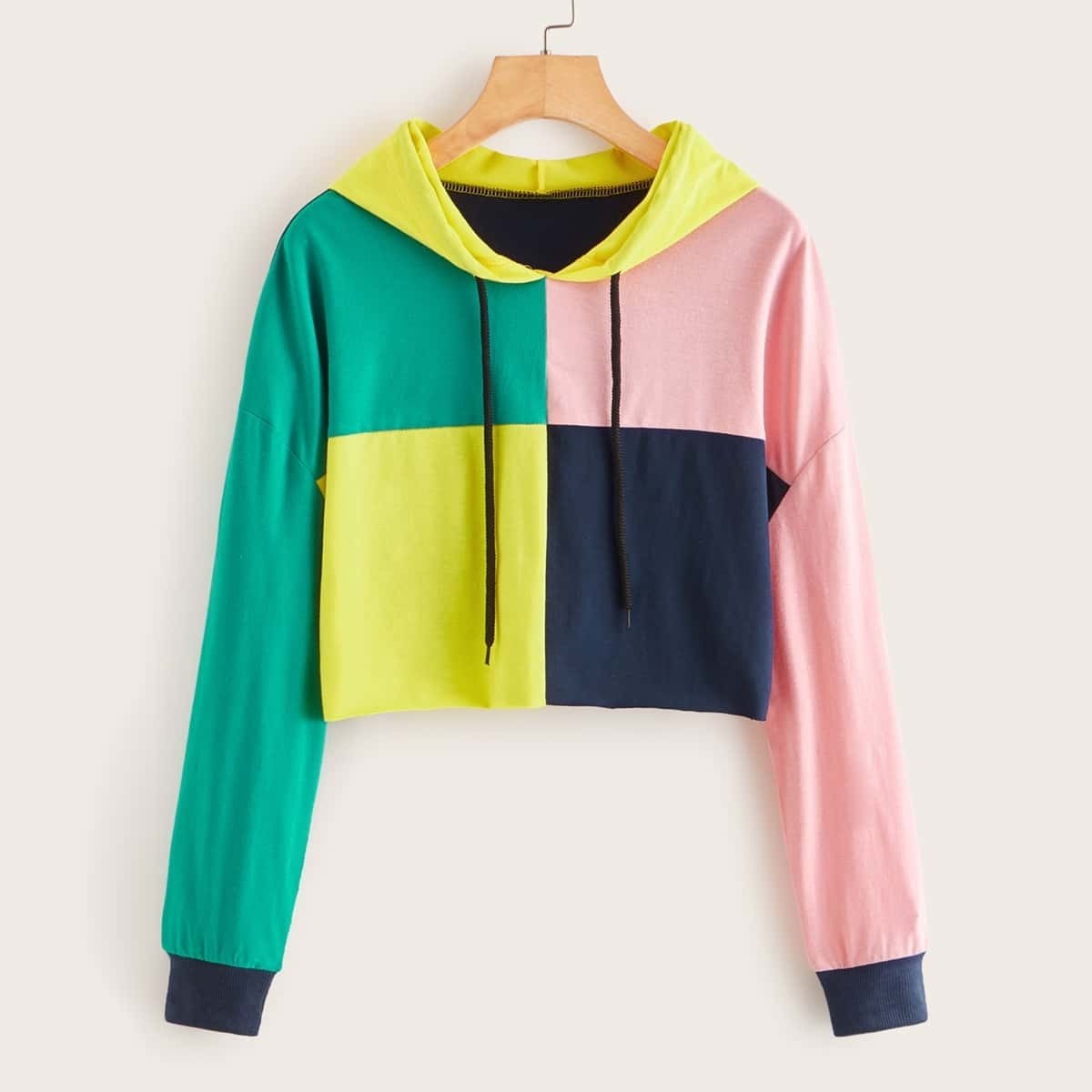 

Patchwork Drop Shoulder Drawstring Hoodie, Multicolor