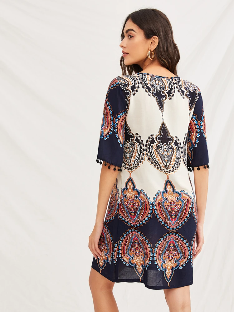 Multifärgad Pom Pom Stam Boho Klänningar | SHEIN SE Klänning med pompom dekorationer | SHEIN SE