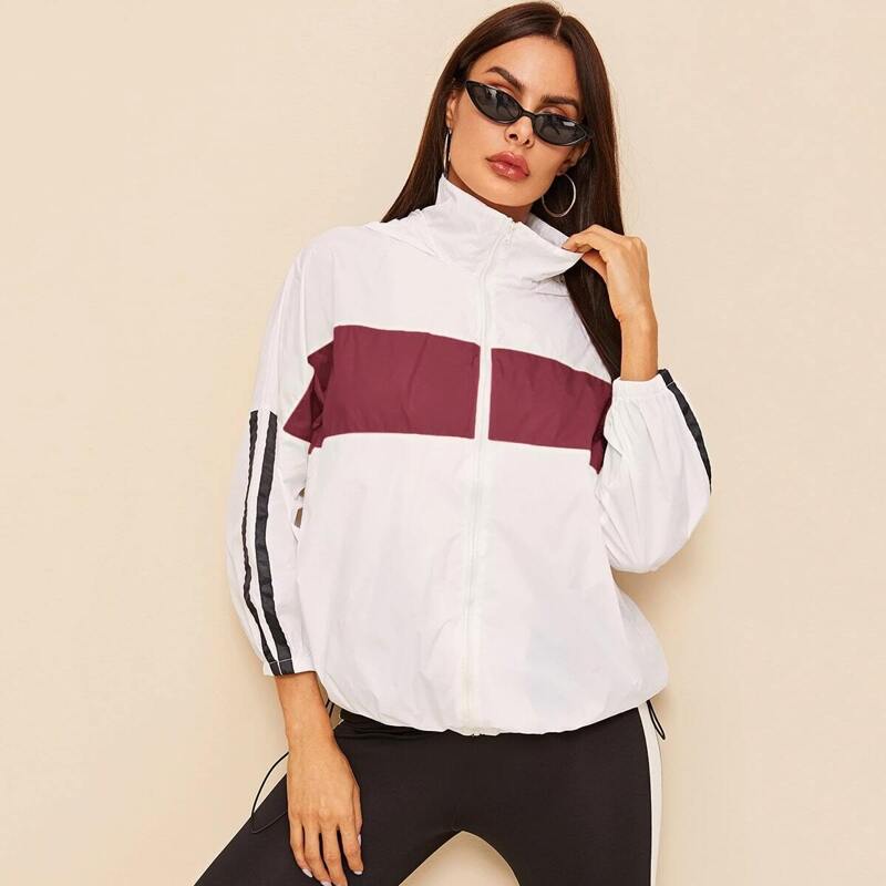 

Contrast Panel Side Striped Windbreaker Jacket, White