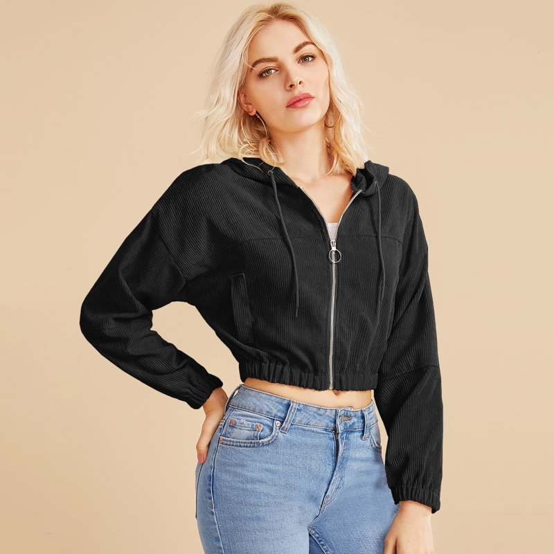 

Corduroy Zip-Up Hooded Cropped Jacket, Black