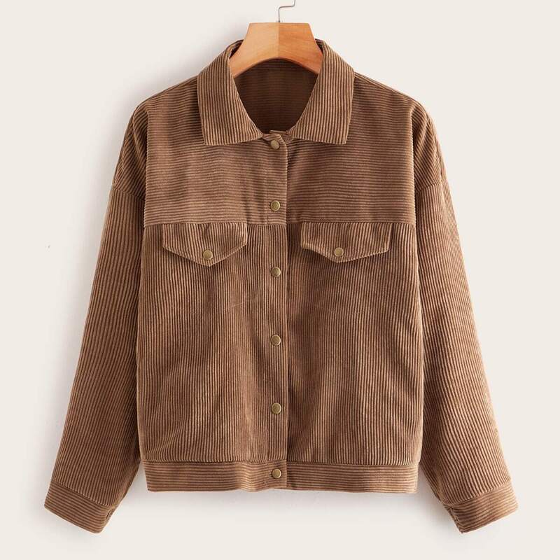 

Solid Single-breasted Corduroy Jacket, Brown