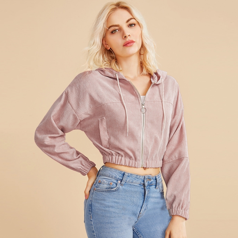 

Solid Zip-up Corduroy Hooded Jacket, Pastel dusty pink