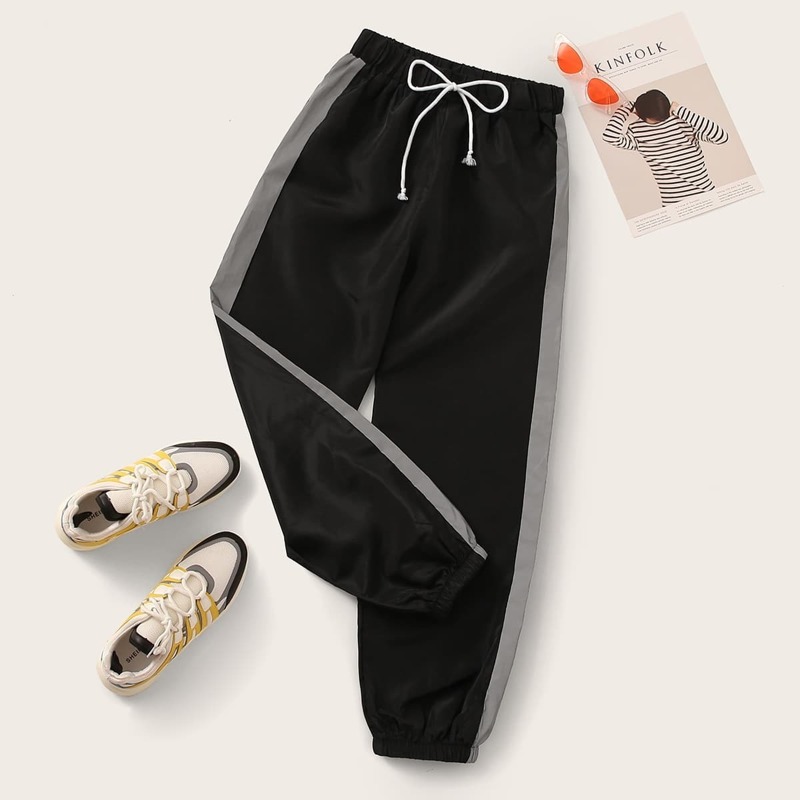 

Contrast Reflective Tape Drawstring Pants, Black