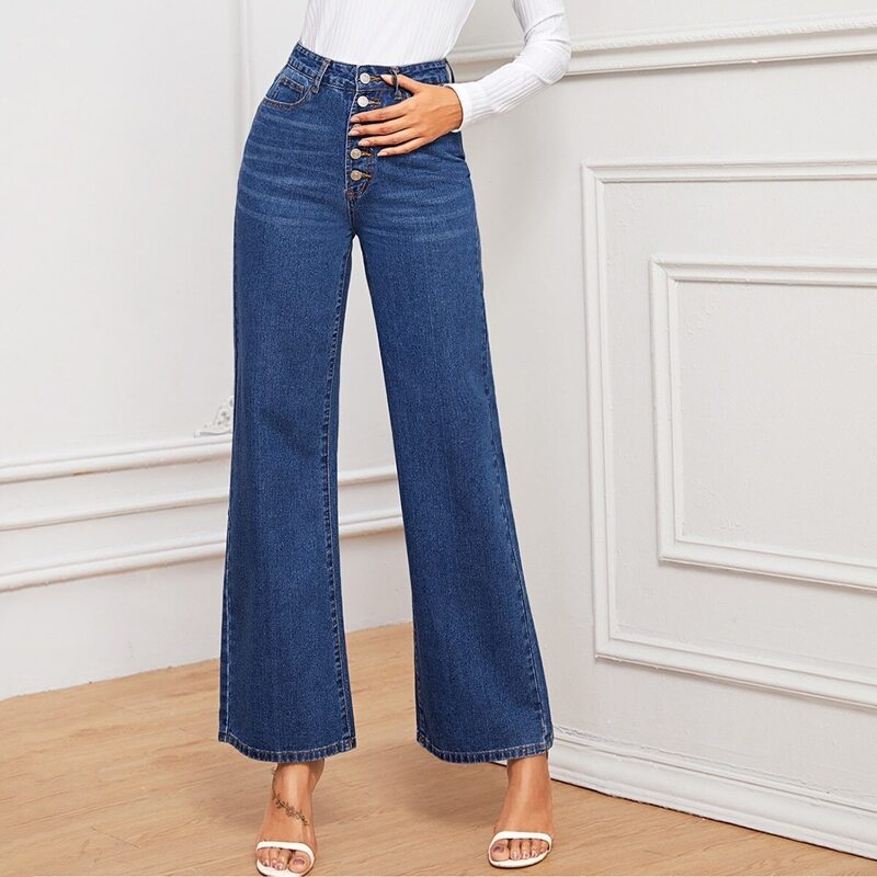 

Button Fly Wide Leg Jeans, Blue