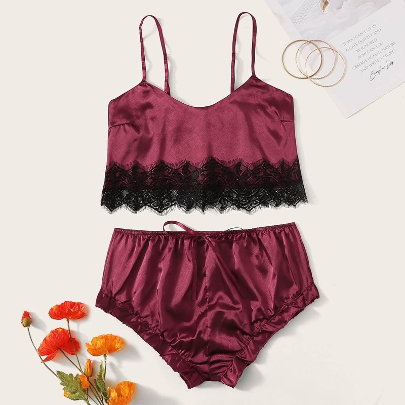 

Eyelash Lace Satin Cami With Shorts, Burgundy