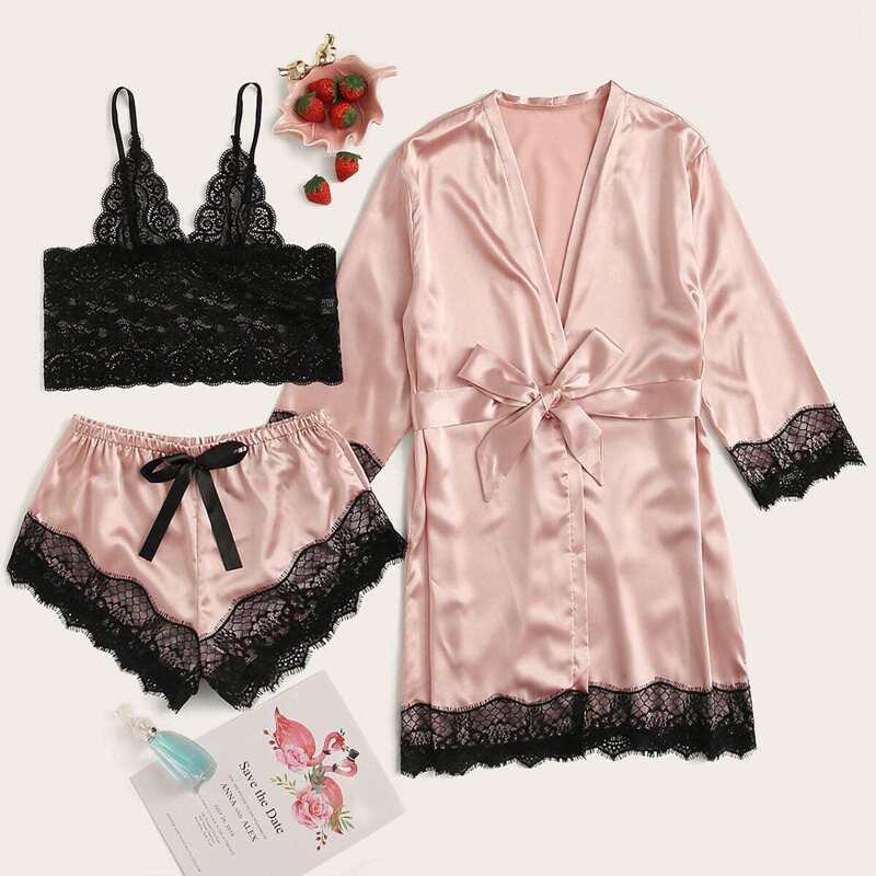 

Floral Lace Satin Lingerie Set With Robe, Pink