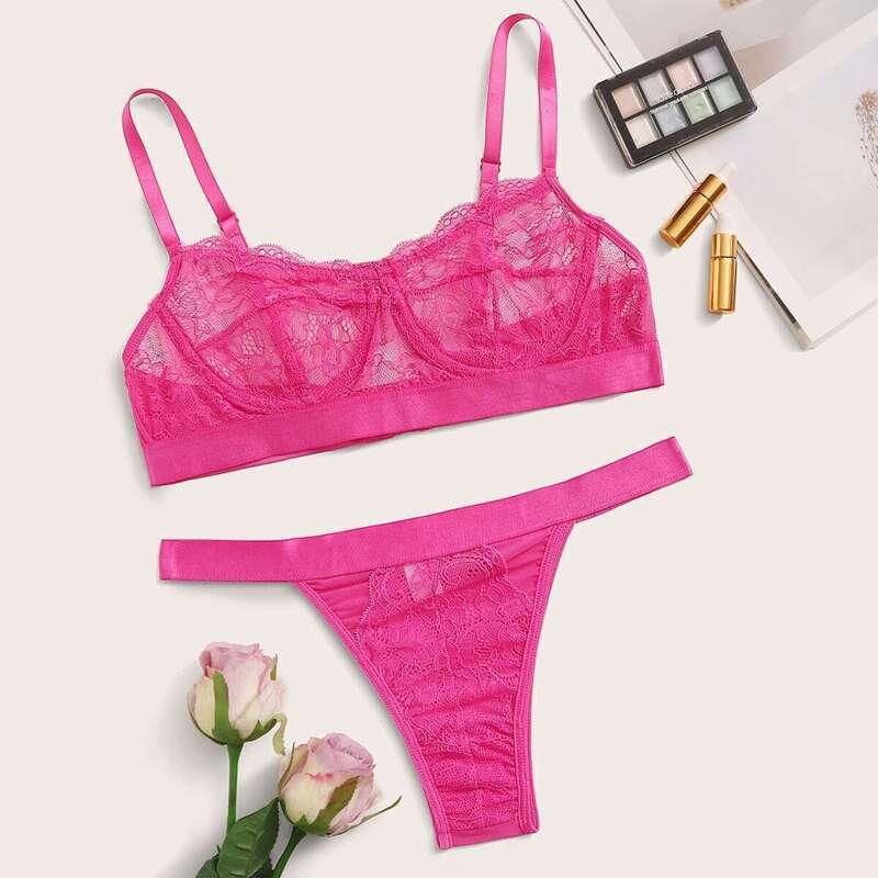 

Floral Lace Underwire Sheer Lingerie Set, Pink bright