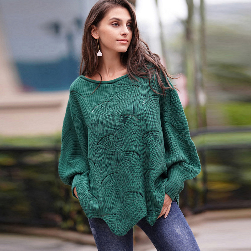 

Asymmetric Hem Batwing Sleeve Solid Jumper, Green