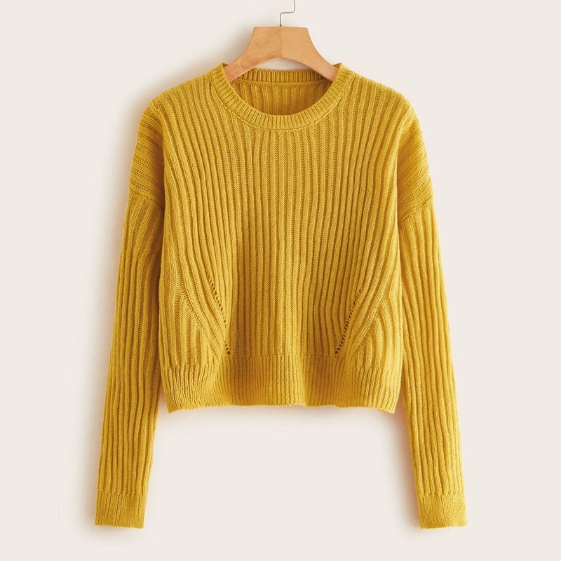 

Drop Shoulder Eyelet Detail Sweater, Yellow bright