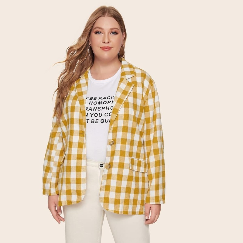 

Plus Gingham Button Front Flap Pocket Blazer, Yellow