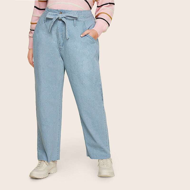 

Plus Self Tie Slant Pocket Jeans, Blue