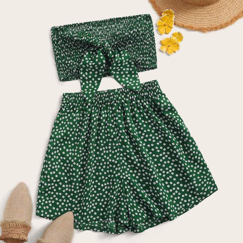 

Daisy Print Knot Front Shirred Tube Top & Shorts, Green