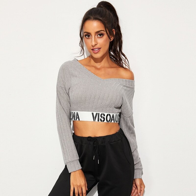 

Letter Tape Hem Crop Sweater, Grey