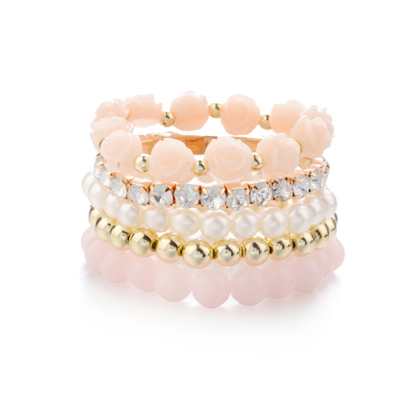 

Rhinestone Engraved Faux Pearl Beaded Bracelet 5pcs, Multicolor
