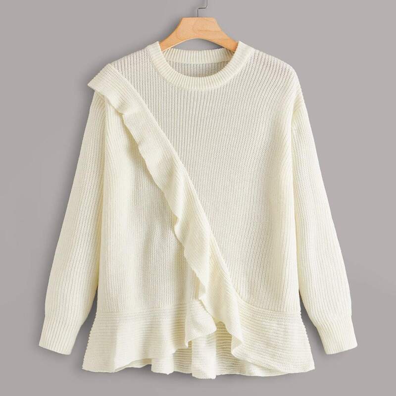 

Plus Solid Ruffle Trim Sweater, Beige