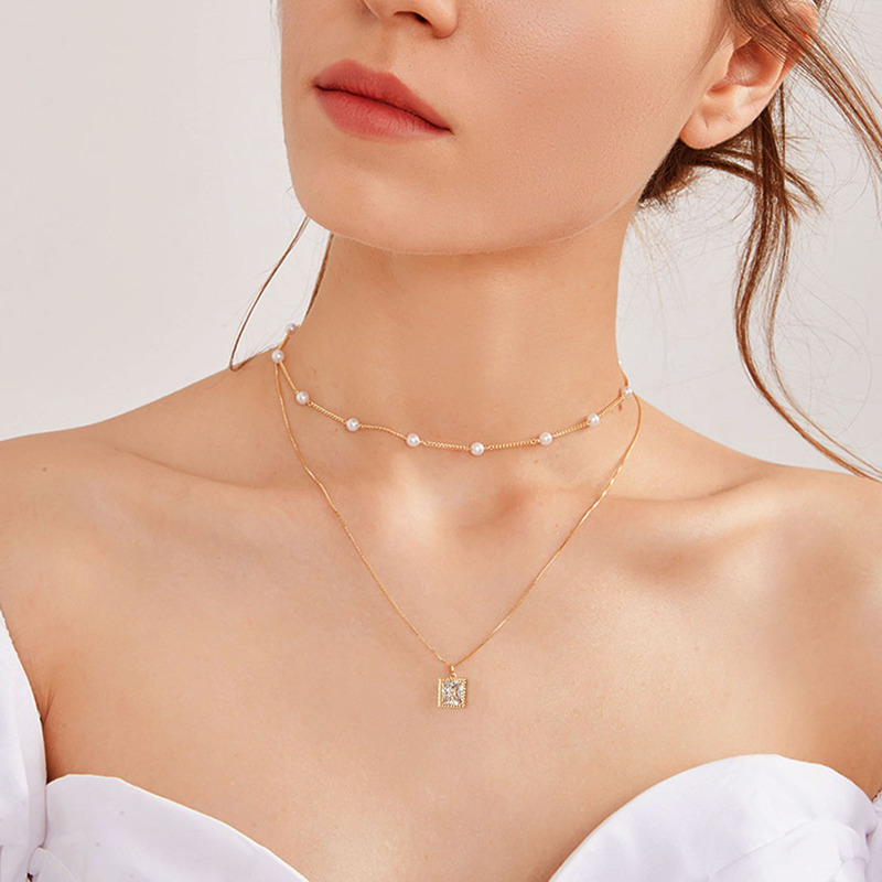 

Faux Pearl & Rhinestone Charm Layered Necklace 1pc, Gold