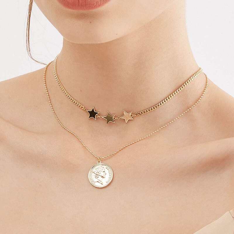 

Coin & Star Decor Layered Necklace 1pc, Gold