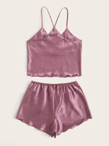 SilkySpell Conjunto de pijama con top de camiseta de satén y shorts - Púrpura malva - Ver 2