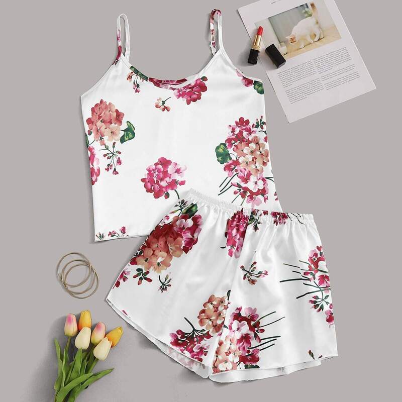 

Floral Print Satin Cami PJ Set, Multicolor