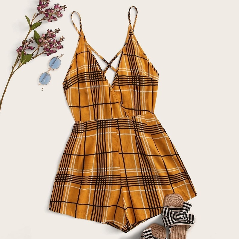 

Tartan Plaid Criss Cross Cami Romper, Yellow