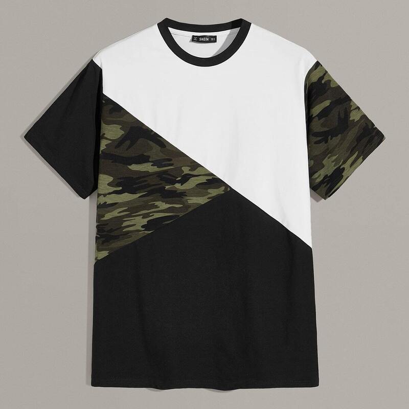 

Guys Camo Print Cut-and-sew Contrast Neck Top, Black and white