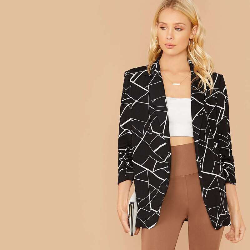 

Notch Collar Geo Print Gathered Sleeve Blazer, Black