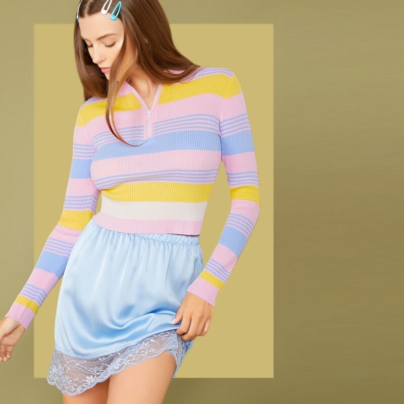 

Zip Half Placket Colorful Striped Sweater, Multicolor pastel