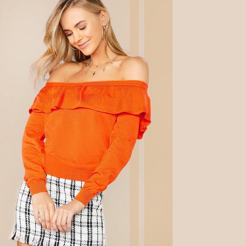 

Solid Ruffle Trim Bardot Sweater, Orange bright