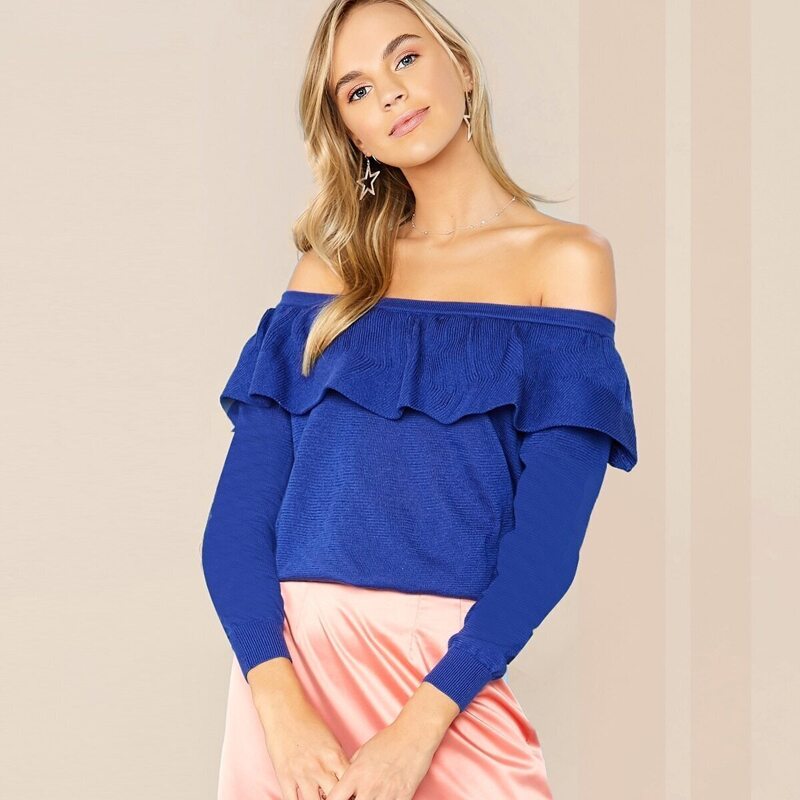 

Off Shoulder Flounce Trim Sweater, Blue bright