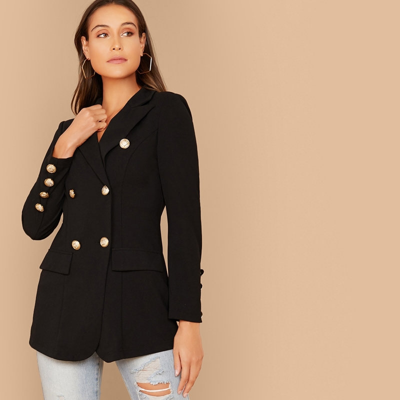 

Notch Collar Double Breasted Blazer, Black