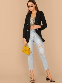 SHEIN Privé Notch Collar Double Breasted Blazer - Black - View 5