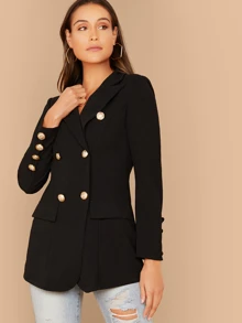 SHEIN Privé Notch Collar Double Breasted Blazer - Black - View 1