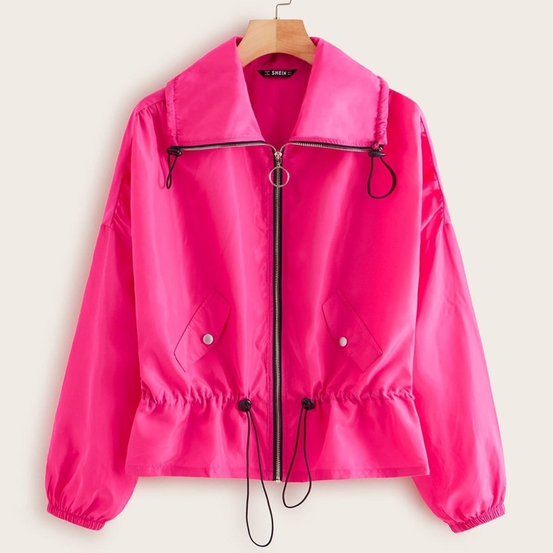 

Zip Up Lantern Sleeve Drawstring Wind Jacket, Pink bright