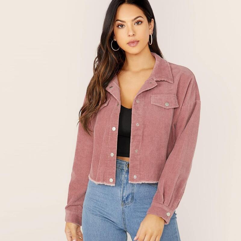 

Button Front Raw Hem Cord Jacket, Pink